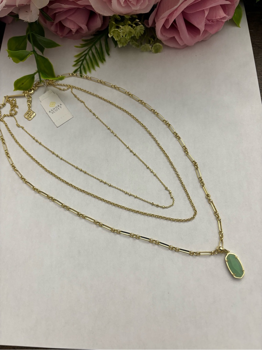 NWT Kendra Scott Elisa Triple Strand Necklace - Gold Matte Iridescent Mint - Picture 7 of 9